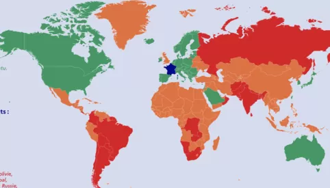 Kleuren van de landen bepalen wat de restricties zijn voor reizen naar frankrijk.