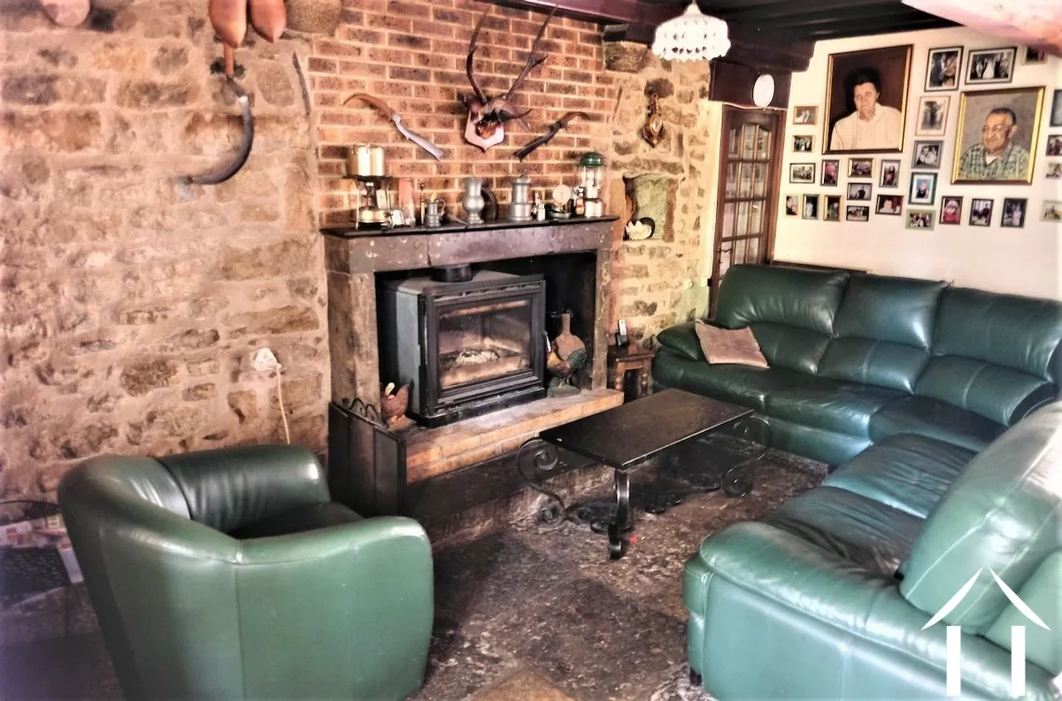 De woonkamer, open haard met houtkachel