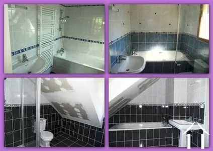 Een montage van foto's van de drie moderne badkamers, die uitzonderlijk kwaliteitsvol zijn uitgerust.